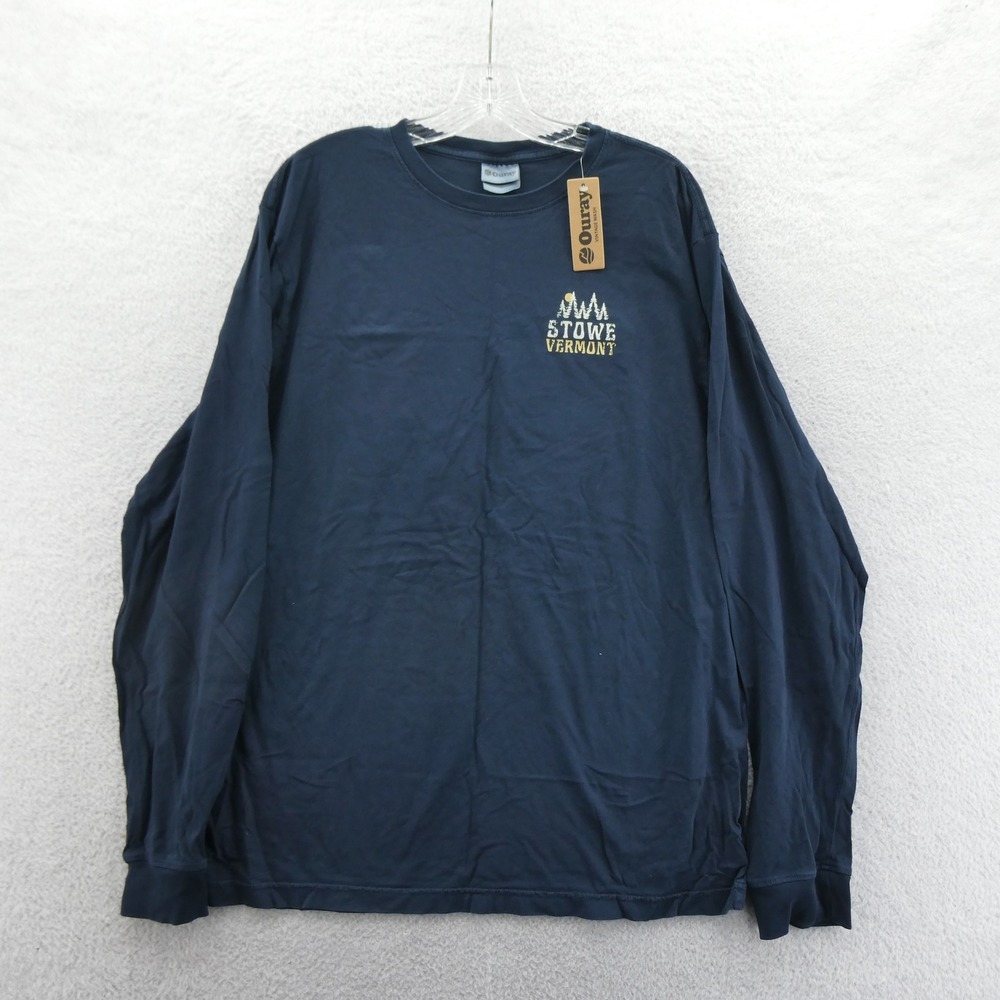 Ouray Shirt Mens Large Stowe Vermont Navy Blue Long Sleeve Cotton Graphic Tee